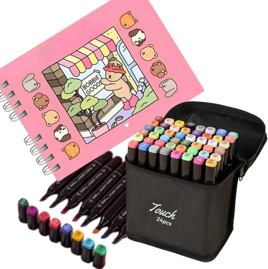 Kit de Canetas Touch Ponta Dupla Profissional 24 cores + Livro Bobbie Goods (BRINDE)